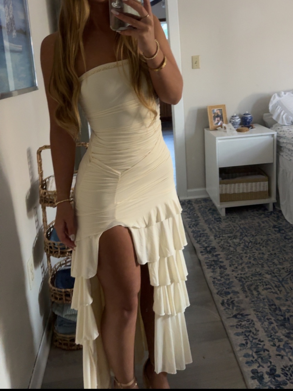 Oh Polly Ivory Strapless Bandeau Ruched Ruffle-Trim Maxi Dress
